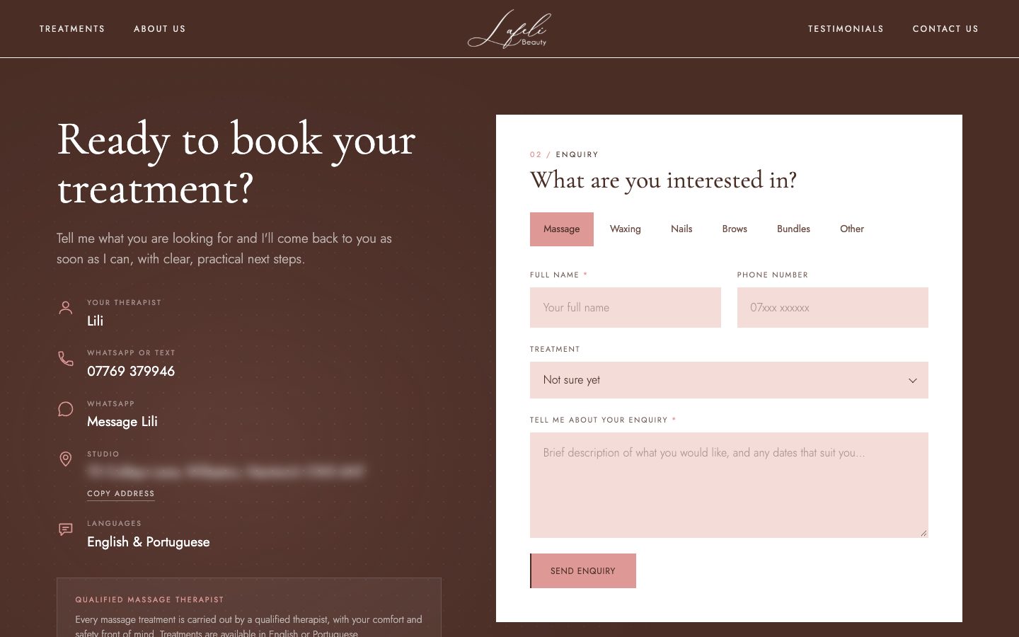 The Lafeli Beauty contact page